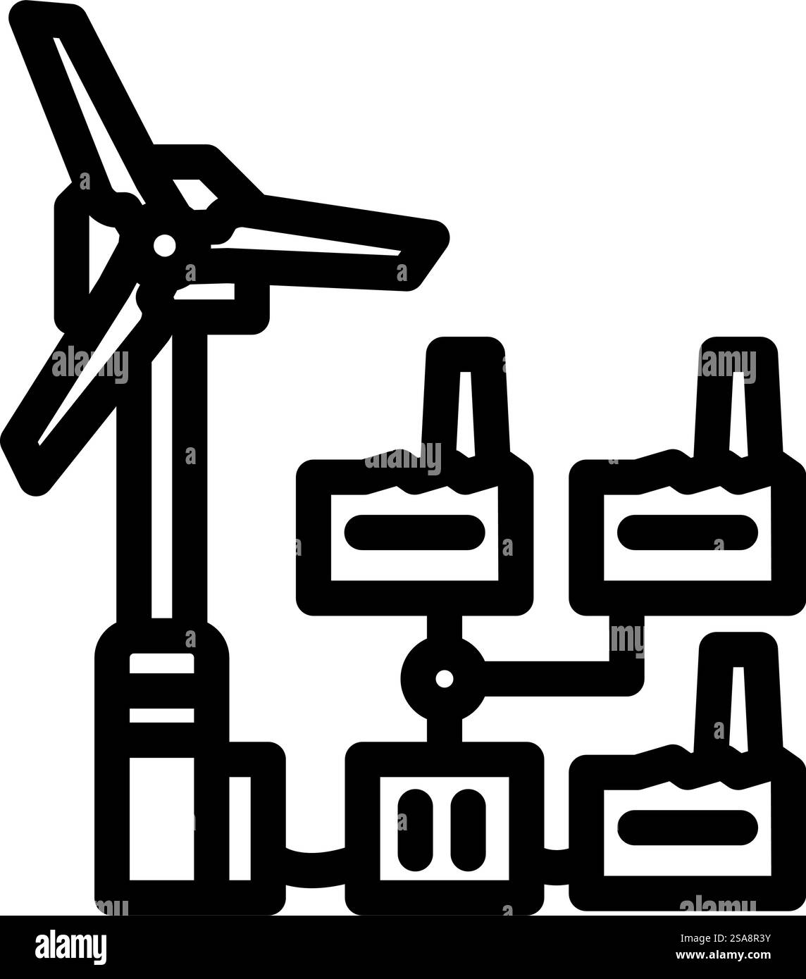 Netzintegration Windkraftanlage - Symbolvektor Schild für die Windkraftintegration. Schwarze Abbildung des isolierten Kontursymbols. Vektorgrafik der Windkraftanlage zur Leistungsintegration Stock Vektor