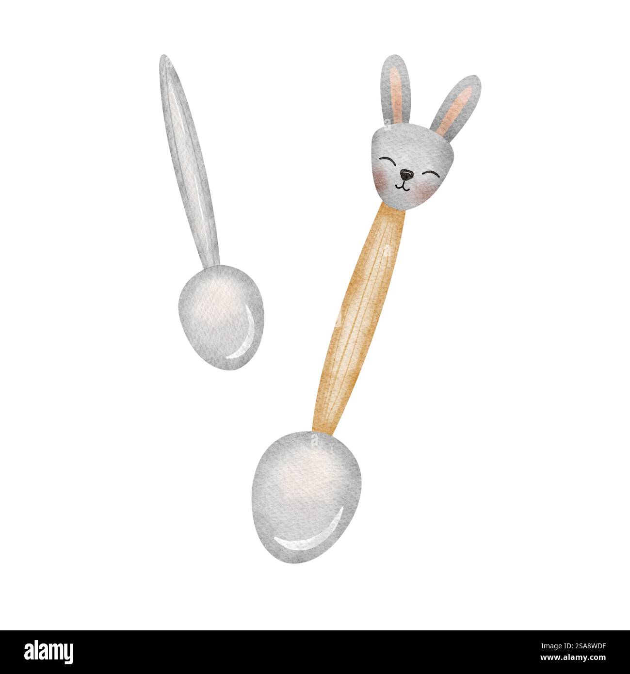 Aquarellillustration Kinderlöffel mit Kaninchengesicht, Teetasse mit Hasenohren. Handgezeichnet im Cartoon-Stil. Isoliert auf weißem Hintergrund für Design Stockfoto