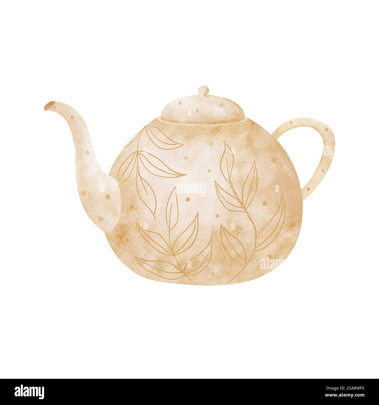 Aquarellillustration von Geschirr, beige Teekanne, Kaffeekanne, rund, mit Blattdruck. Handgezeichnet. Isoliert auf weißem Hintergrund für Design von Stockfoto