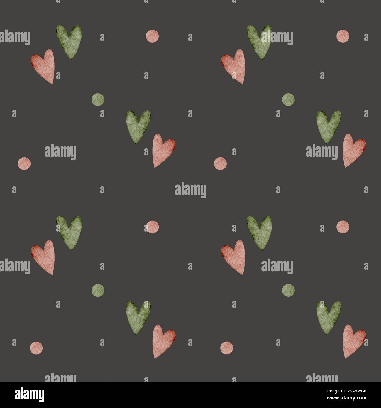 Muster Paar Herzen rot grün. Aquarellabbildung. Grauer Hintergrund mit nahtlosem Grafikdruck für Designfeiertage, Valentinstag und Liebhaber Stockfoto