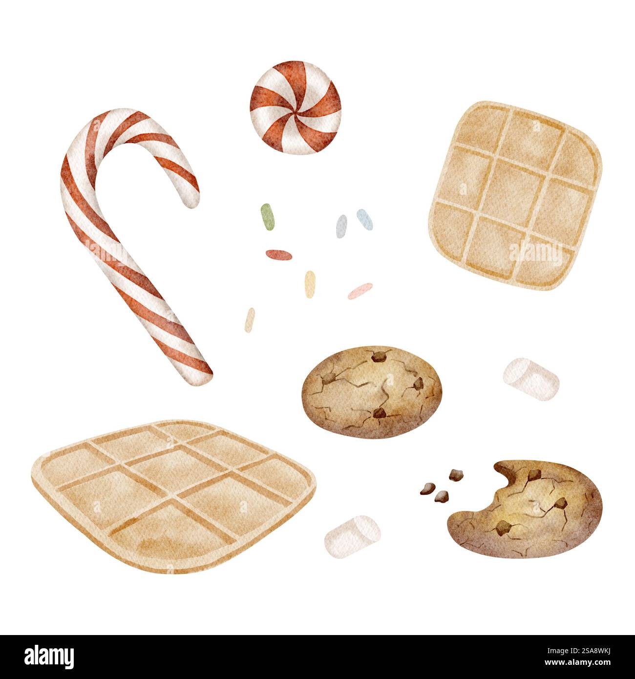 Aquarellset Weihnachtssüße Lutscher Zuckerrohr, Haferflocken, Marshmallows, Süßigkeiten, Waffeln, Streusel. Silvester-Illustration auf weiß Stockfoto
