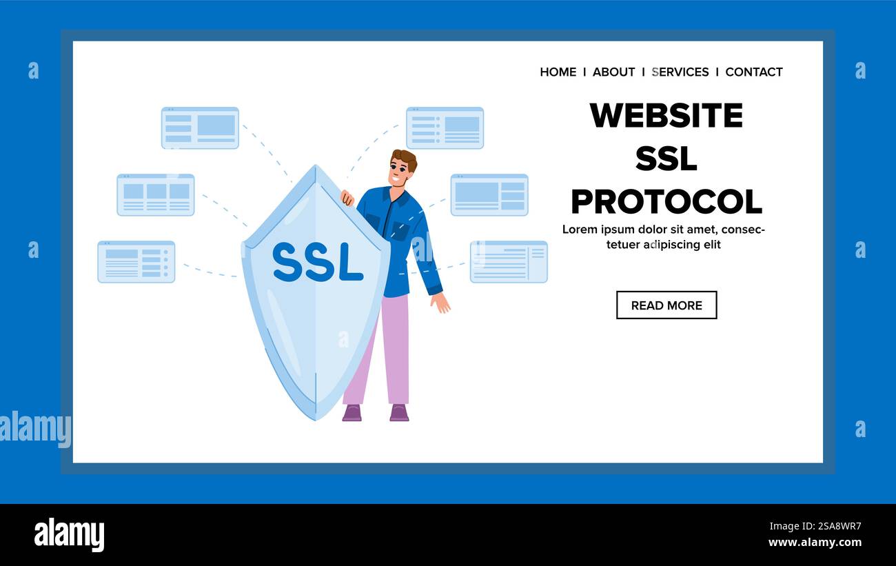 ssl-Protokollvektor der https-Website. Sichere Cybersicherheit, Zertifikat online, Datenschutz Internet https Website ssl Protokoll Web Flat Cartoon Illustration. ssl-Protokollvektor der https-Website Stock Vektor
