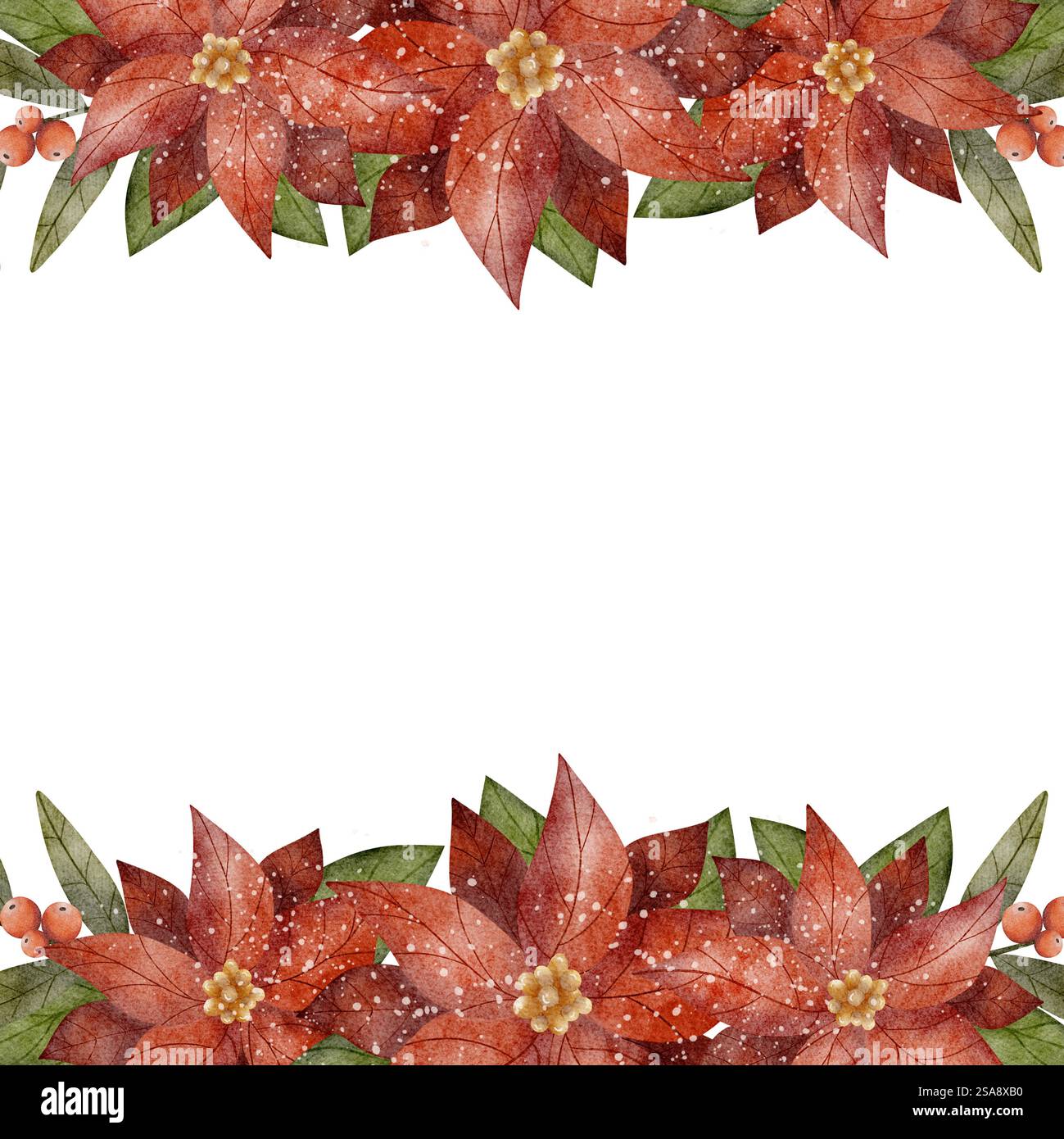 Rahmen der Weihnachtsstern. Aquarellabbildung von Händen. Auf weißem Hintergrund mit leerem Platz für Text für die Gestaltung von Einladungen und Karten Stockfoto