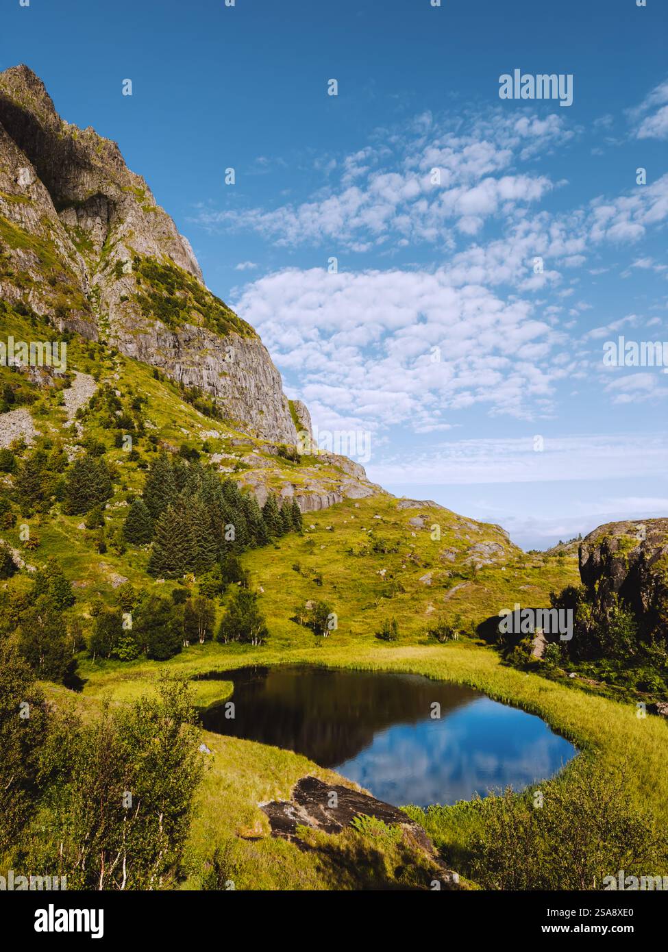 See und Berge in Lofoten Inseln Landschaft Nordnorwegen Sommersaison Reise schöne Reiseziele Landschaft skandinavische Natur Stockfoto
