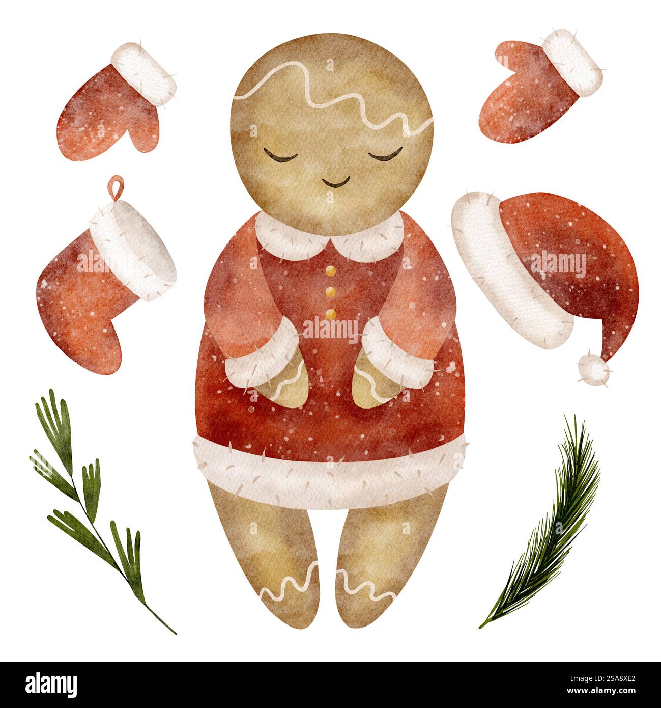 Aquarellillustration Weihnachten Lebkuchenmann im Sankt Anzug, Socke, Hut, Fäustlinge, Tannenzweige. Neujahrsset für die Gestaltung von Postkarten und Postern Stockfoto