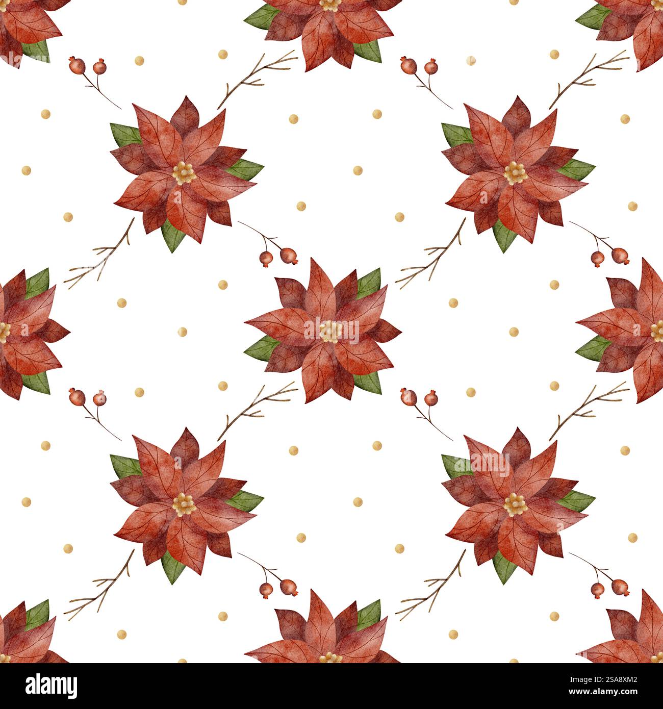 Weihnachtsstern mit Weihnachtsmuster in Aquarellfarben. Illustration zum Neujahr. Nahtloser geometrischer Druck auf weißem Hintergrund für Textilien, Stoffe und Verpackungen Stockfoto