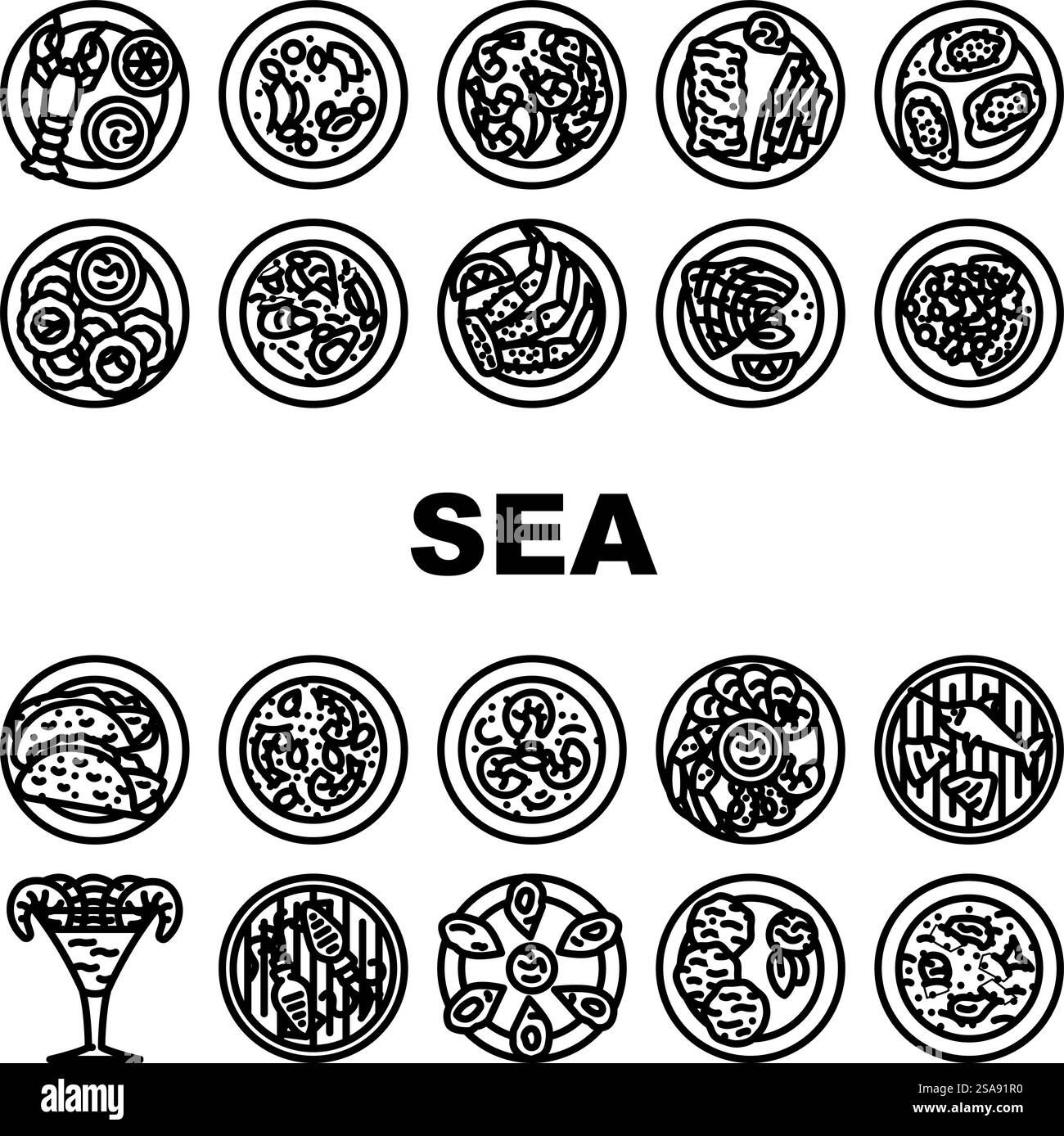 Meeresküche Fisch Koch Ikonen setzen Vektor. Tintenfisch bbq, griechisches Gericht, Restaurant gefroren, kulinarischer Luxus, Lachsölplatte Meeresküche Fischkoch schwarze Kontur Illustrationen. Meeresküche Fisch Koch Ikonen setzen Vektor Stock Vektor