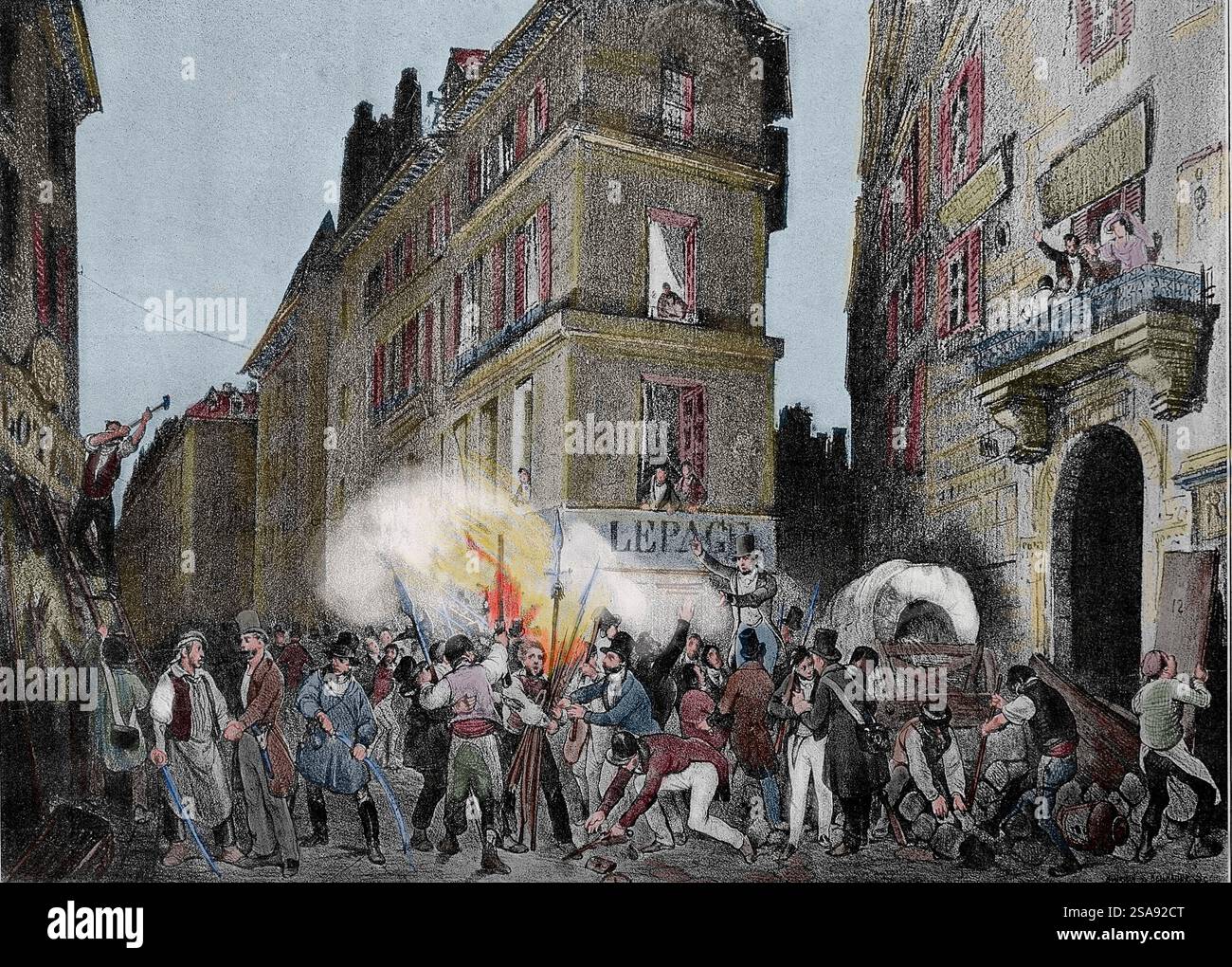 Frankreich. Paris. 1830 Revolution. Rue de Richelieu. Zerstörung der Büchsenschmiede Lepage. Gravur. "Journées Révolutionnaires", 1830-1848, Paris, 1 Stockfoto
