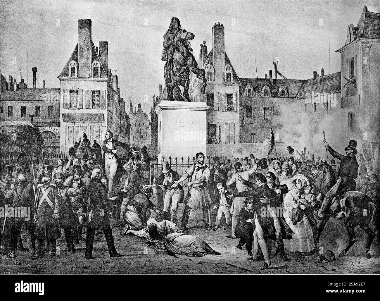Frankreich. Paris. 1830 Revolution. Juli. Victoires Square. Gravur. Lithographie von V. Adam. "Journées Révolutionnaires", 1830-1848", París, 1897. Stockfoto