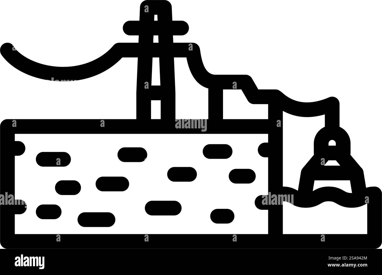 Wellenübertragung Gezeitenlinie Symbolvektor. Wellenübertragung Gezeitenkraftzeichen. Schwarze Abbildung des isolierten Kontursymbols. Illustration des Symbols für die Wellenübertragung der Gezeitenstromleitung Stock Vektor