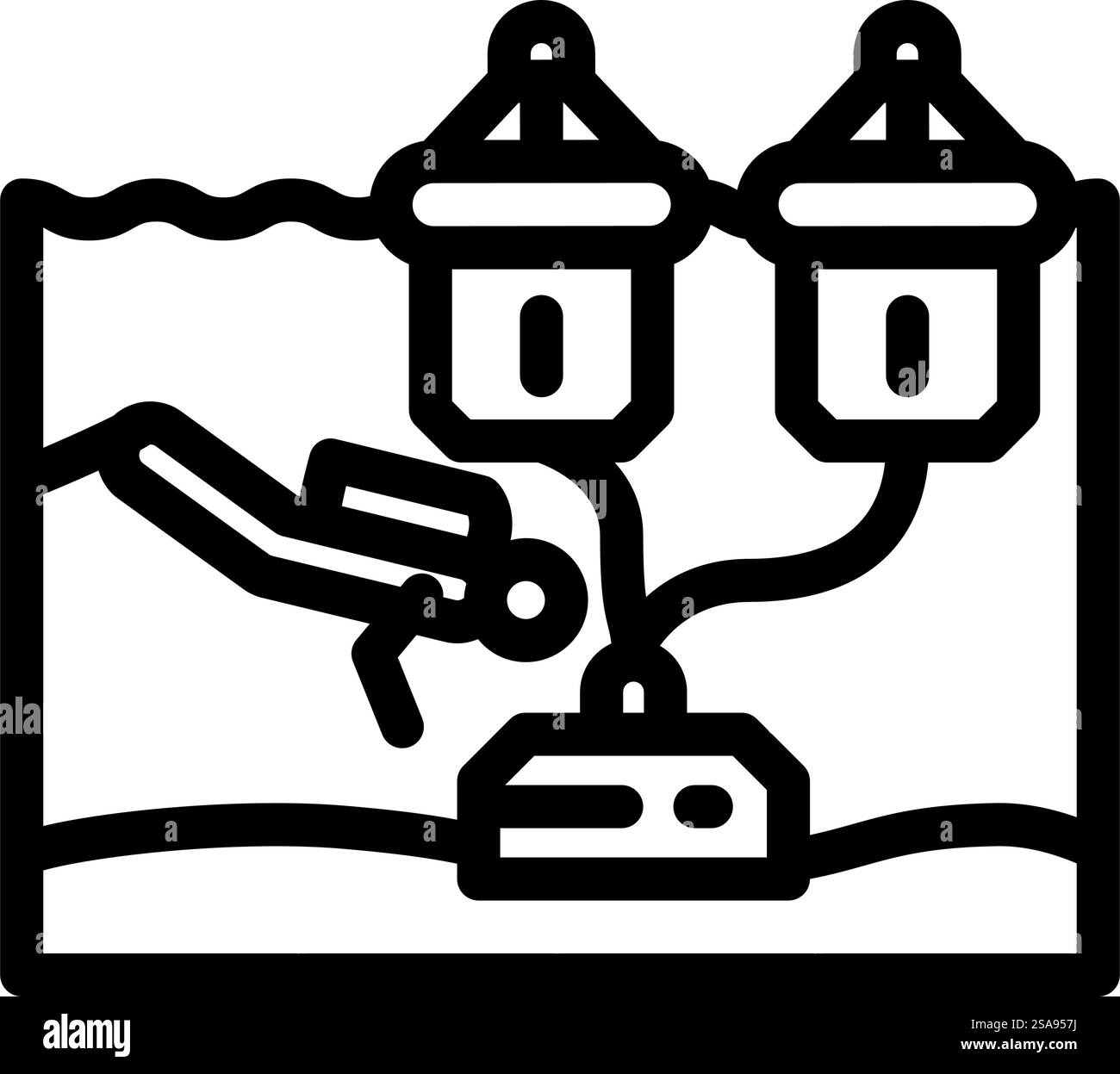 Wave Farm Installation Tidal Line Symbol Vektor. WAVE Farm Installation Gezeitenschild. Schwarze Abbildung des isolierten Kontursymbols. Wave Farm Installation Tidallinie Symbol Vektor Illustration Stock Vektor