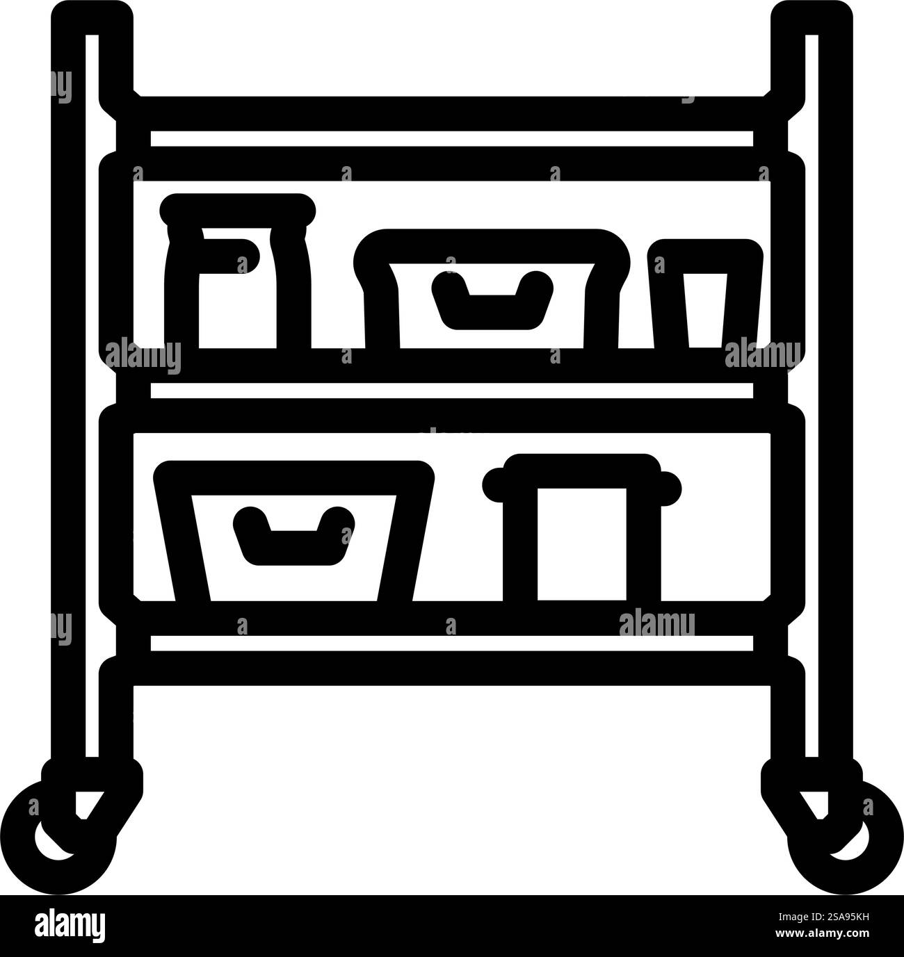 Regal Restaurant Ausrüstung Linie Symbol Vektor. Schild mit Regalausstattung für Restaurants. Schwarze Abbildung des isolierten Kontursymbols. Regal Restaurant Ausrüstung Linie Symbol Vektor Illustration Stock Vektor