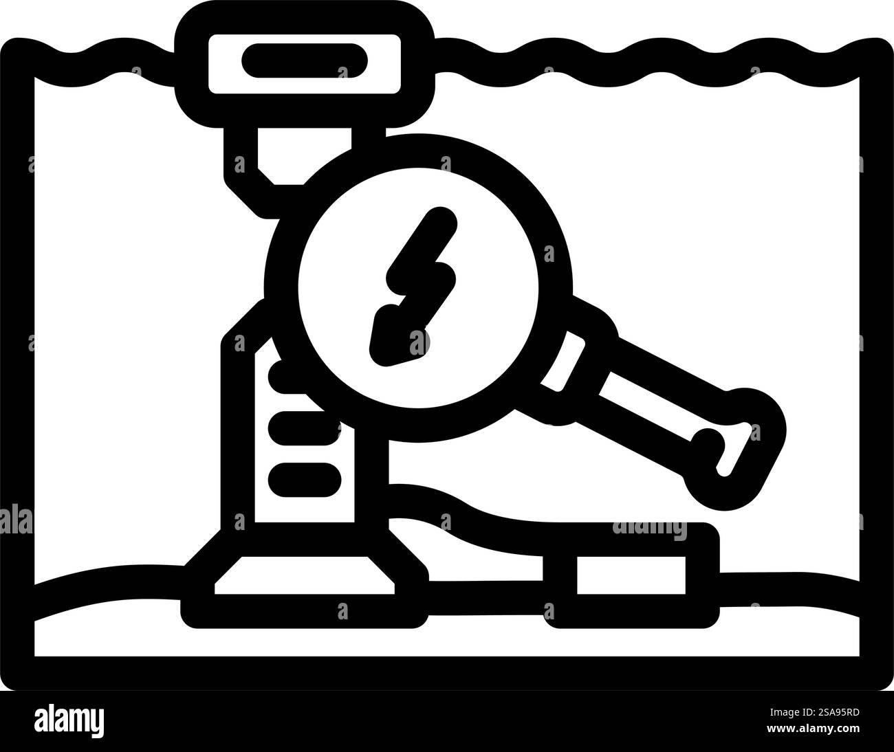 Wellenenergie Forschungslinie Symbolvektor. Forschungszeichen Wellenenergie. Schwarze Abbildung des isolierten Kontursymbols. Wellenenergie Forschungslinie Symbol Vektor Illustration Stock Vektor