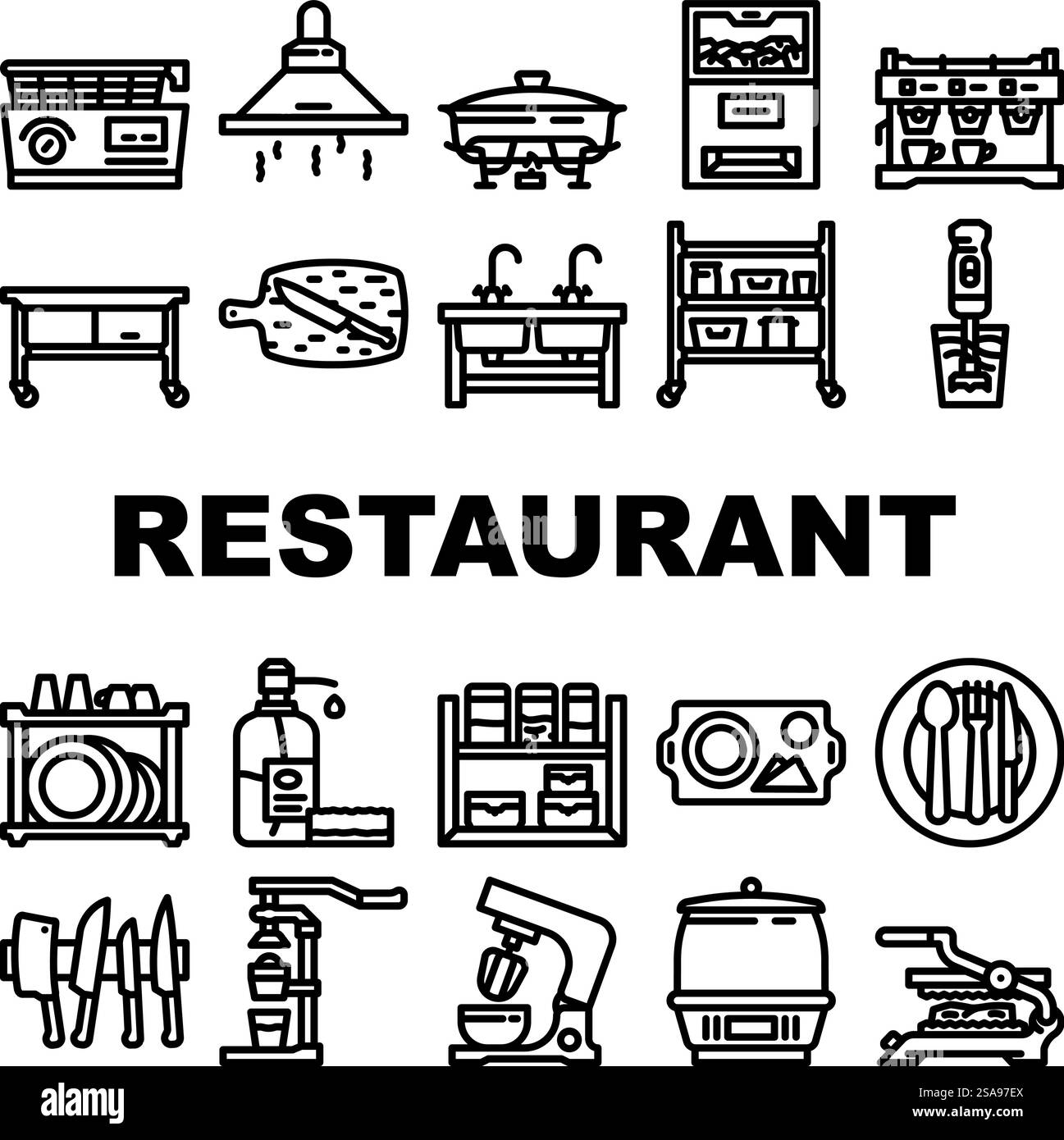 Restaurant Ausstattung Küche Icons Set Vektor. Innentisch, professionell sauber, Stahl modern, Edelstahl Hotel, Essensofen, grill Restaurant Ausstattung Küche schwarze Konturen Illustrationen. Restaurant Ausstattung Küche Icons Set Vektor Stock Vektor