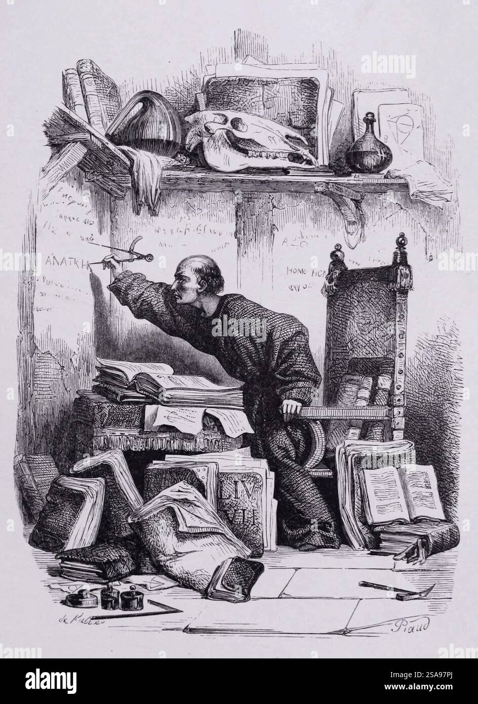 Holzstich von Victor Hugos Notre-Dame de Paris, veröffentlicht 1844 bei Perrotin, Paris. Illustration: Ein Mönch, der in seinem Arbeitszimmer an seinem Schreibtisch saß, erhebt sich von seinem Stuhl, um mit einem Paar Zirkeln das griechische Wort ἀνάγκη an die ihm zugewandte Wand zu schreiben. Ἀνάγκη wird oft als Äquivalent zum lateinischen Wort fatum verwendet, was Schicksal oder Schicksal bedeutet, mit einem düsteren Hinweis. Stockfoto