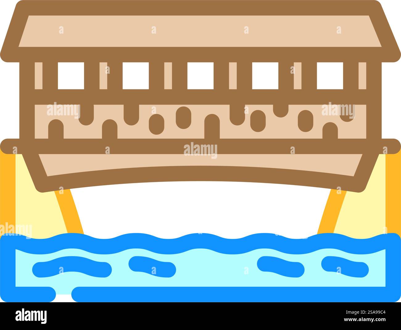 Farbsymbolvektor der abgedeckten Brücke. Schild mit überdachter Brücke. Isolierte Symboldarstellung. Vektor-Illustration des farbigen Symbols der überdachten Brücke Stock Vektor