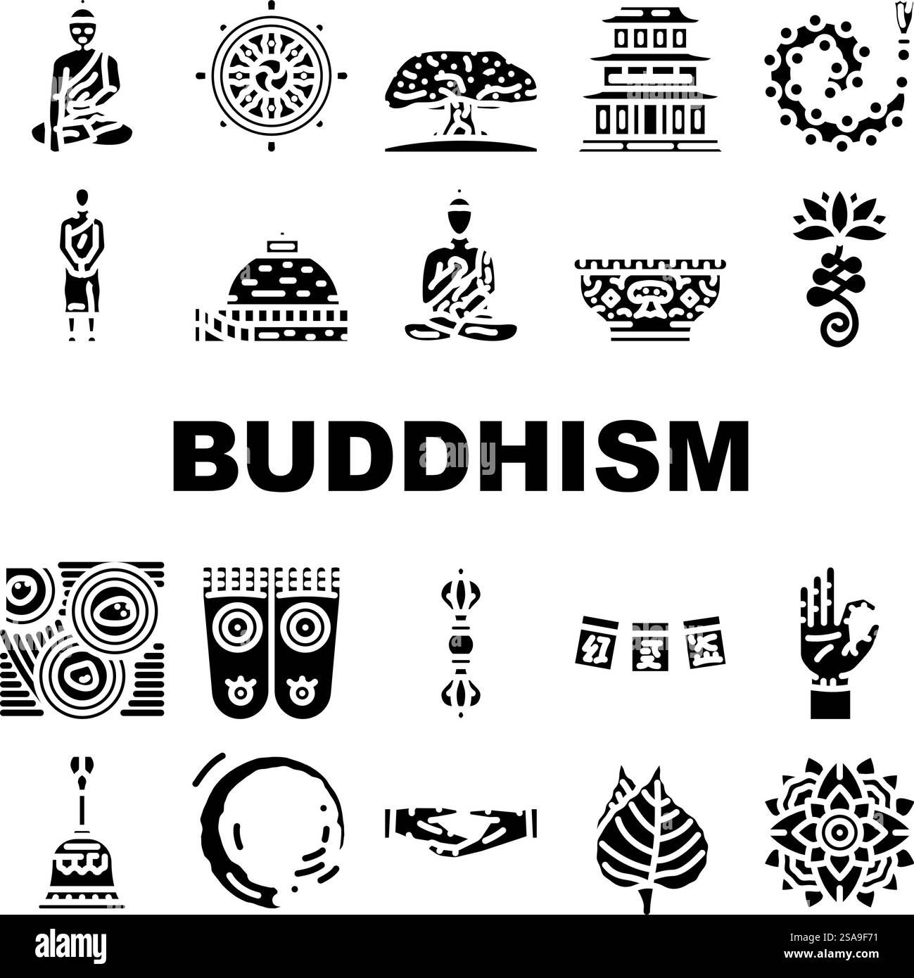 buddhismus Religion buddha thailand Ikonen setzen Vektor. Tempel asien, religiöser Mönch, thai Reise, asiatische Statue, Kultur spirituell, antike buddhismus Religion buddha thailand Glyph Piktogramme Illustrationen. buddhismus Religion buddha thailand Ikonen setzen Vektor Stock Vektor