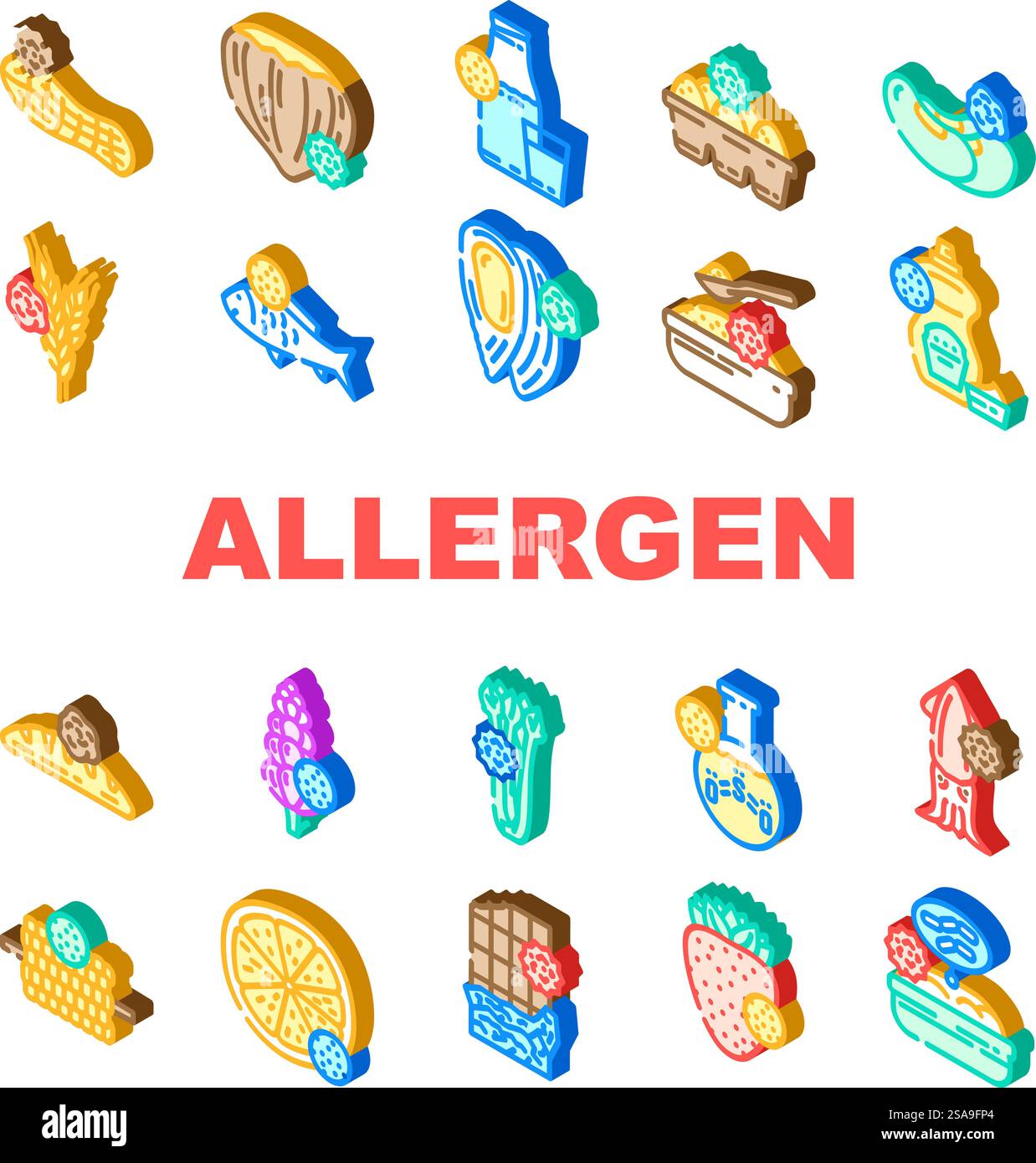 Icons für Lebensmittel ohne Allergene setzen Vektor. Gluten Zucker, Ei Soja, Laktose vegan, gmo Molkerei, Milchetikett, organische kosmetische, fettallergenfreie Lebensmittel isometrische Schilderabbildungen. Icons für Lebensmittel ohne Allergene setzen Vektor Stock Vektor