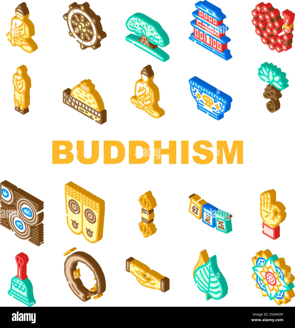 buddhismus Religion buddha thailand Ikonen setzen Vektor. Tempel asien, religiöser Mönch, thai Reise, asiatische Statue, Kultur spirituell, antike buddhismus Religion buddha thailand isometrische Zeichen Illustrationen. buddhismus Religion buddha thailand Ikonen setzen Vektor Stock Vektor