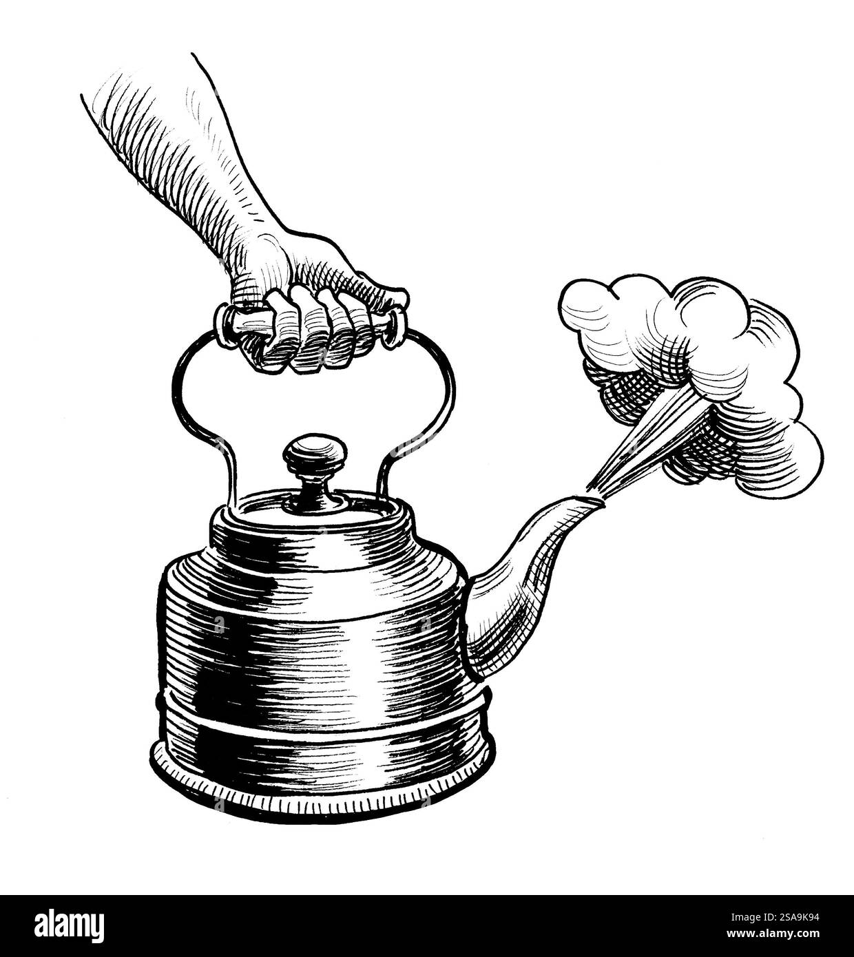 Kochender Wasserkocher in Handhaltung. Handgezeichnete schwarze und weiße Illustration im Retro-Stil Stockfoto