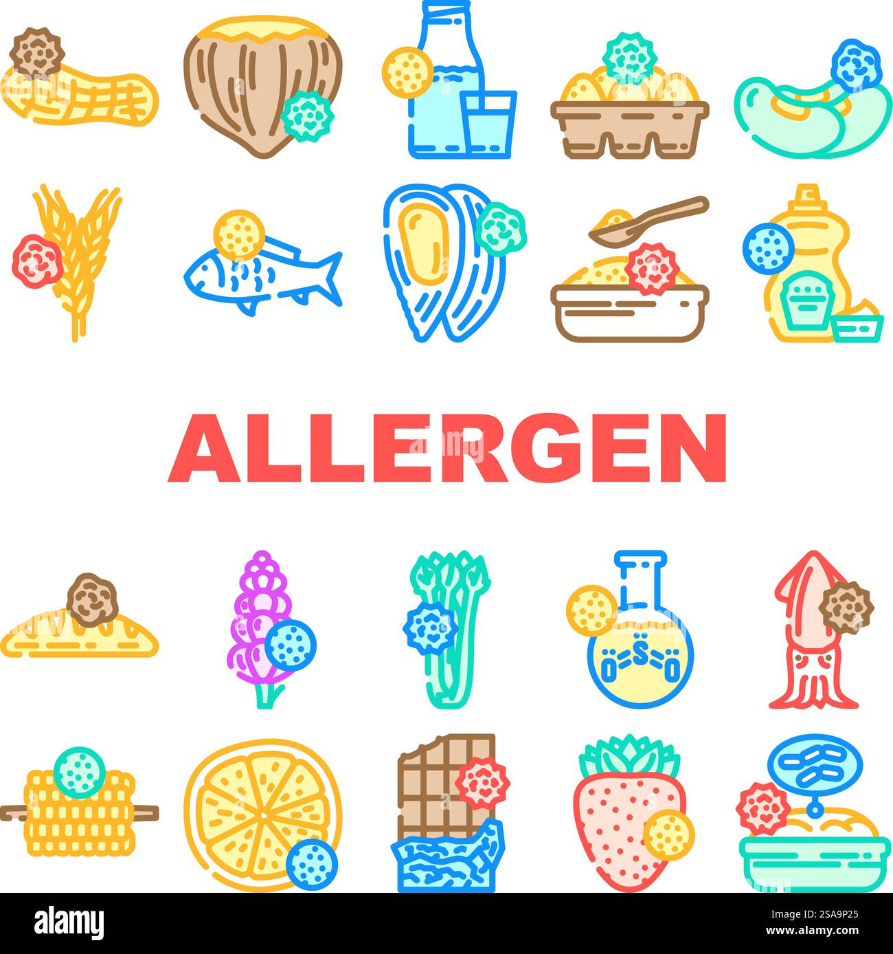 Icons für Lebensmittel ohne Allergene setzen Vektor. Gluten Zucker, Ei Soja, Laktose vegan, gmo Molkerei, Milchetikett, organische kosmetische, fettallergenfreie Lebensmittel-Farblinien-Illustrationen. Icons für Lebensmittel ohne Allergene setzen Vektor Stock Vektor