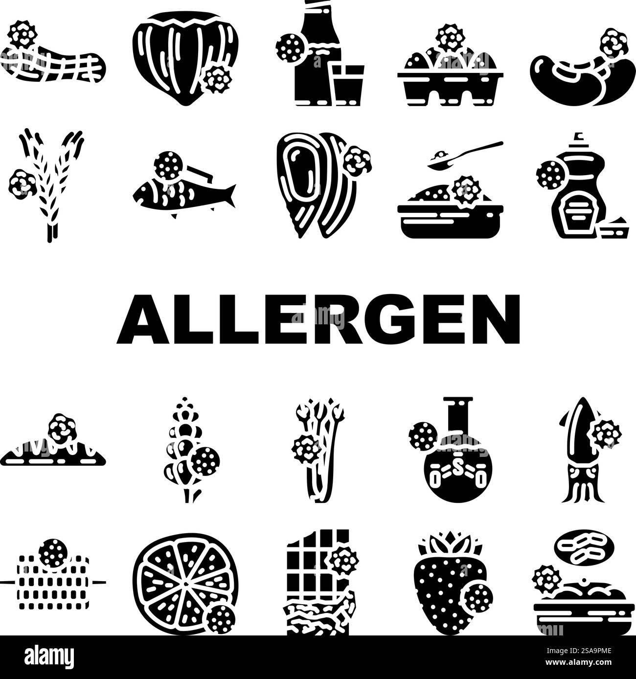 Icons für Lebensmittel ohne Allergene setzen Vektor. Gluten Zucker, Ei Soja, Laktose vegan, gmo Molkerei, Milchetikett, organische Kosmetik, fettallergenfreie Lebensmittel-Glyph-Piktogramme. Icons für Lebensmittel ohne Allergene setzen Vektor Stock Vektor