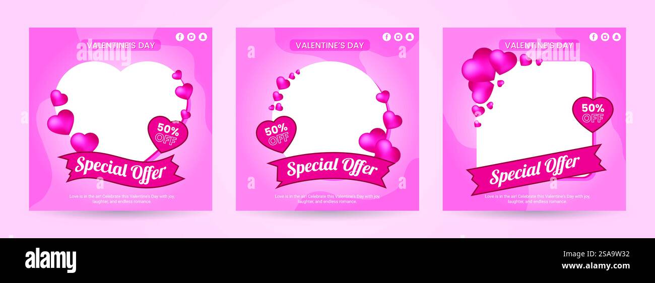 Valentinstag-Sonderangebot Social-Media-Postvorlagen - 50 % Rabatt - Pink Hearts & Ribbon Design - Vektor-EPS Stock Vektor