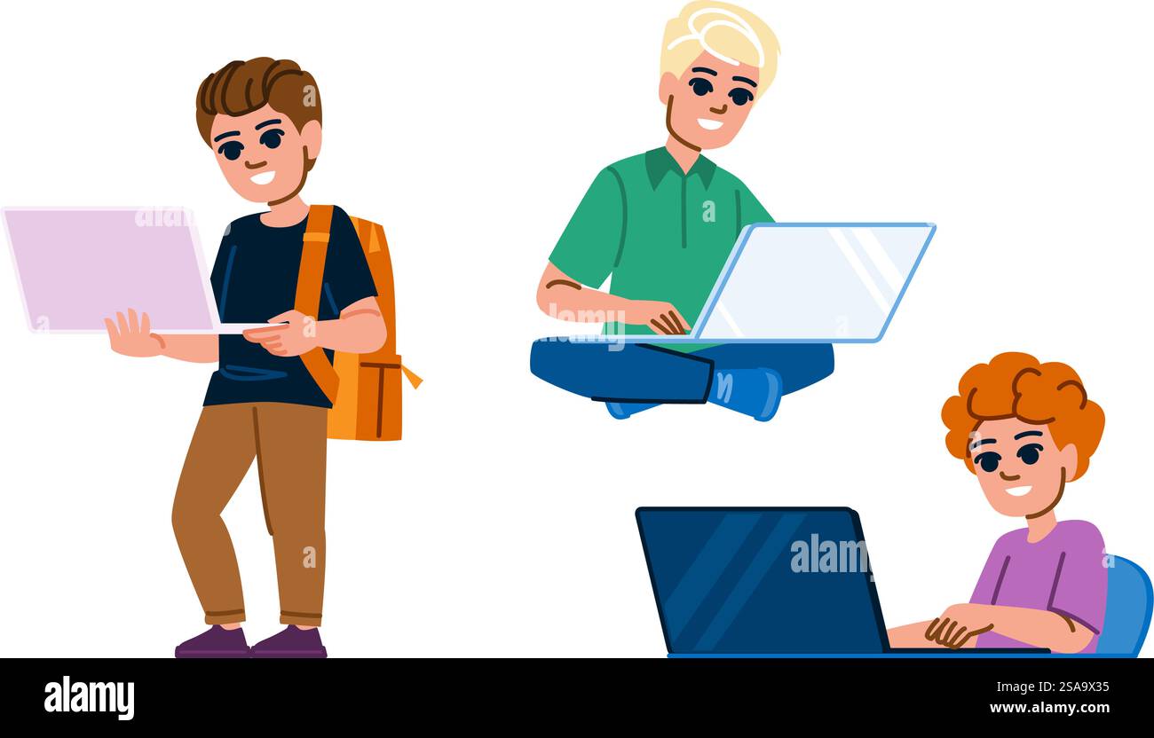 Gaming-Notebook-Vektor für Jungen. Bildung Lernen, lustige Technologie, Tastatur Maus Gaming Baby Boy Laptop Charakter. Leute flache Zeichentrickgrafik Illustration. Gaming-Notebook-Vektor für Jungen Stock Vektor