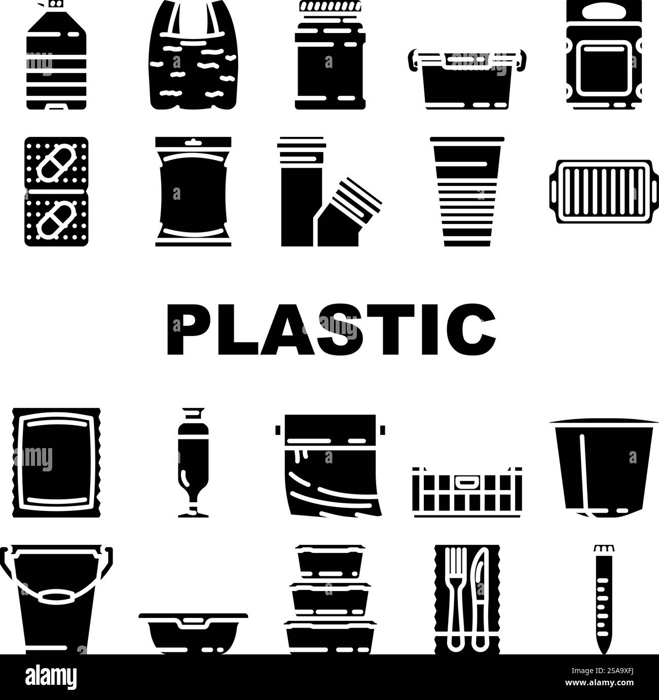 Nachhaltigkeitssymbole für Kunststoffverpackungen setzen Vektor. Recycling biologisch abbaubare Verschmutzung Abfall Umwelt Mikroplastik, Ozean umweltverträglich Kunststoffverpackungen Nachhaltigkeit Glyph-Abbildungen. Nachhaltigkeitssymbole für Kunststoffverpackungen setzen Vektor Stock Vektor