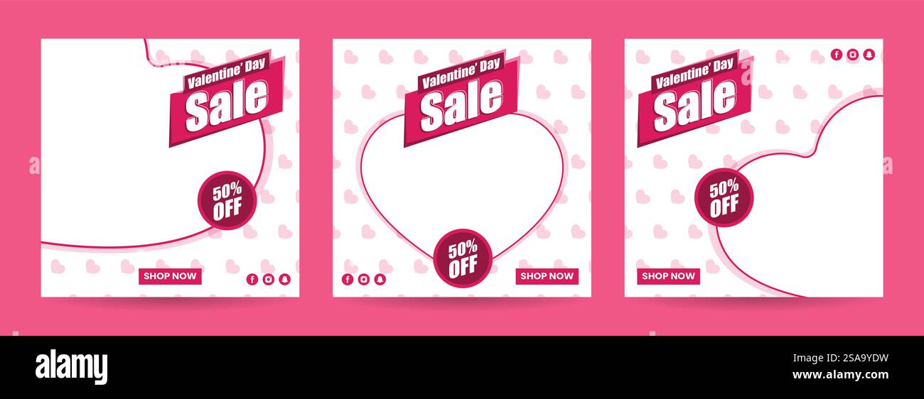 Valentinstag Sale Social-Media-Postvorlagen - 50 % Rabatt - Herzformen und rosafarbenes Thema - Vektor-EPS Stock Vektor