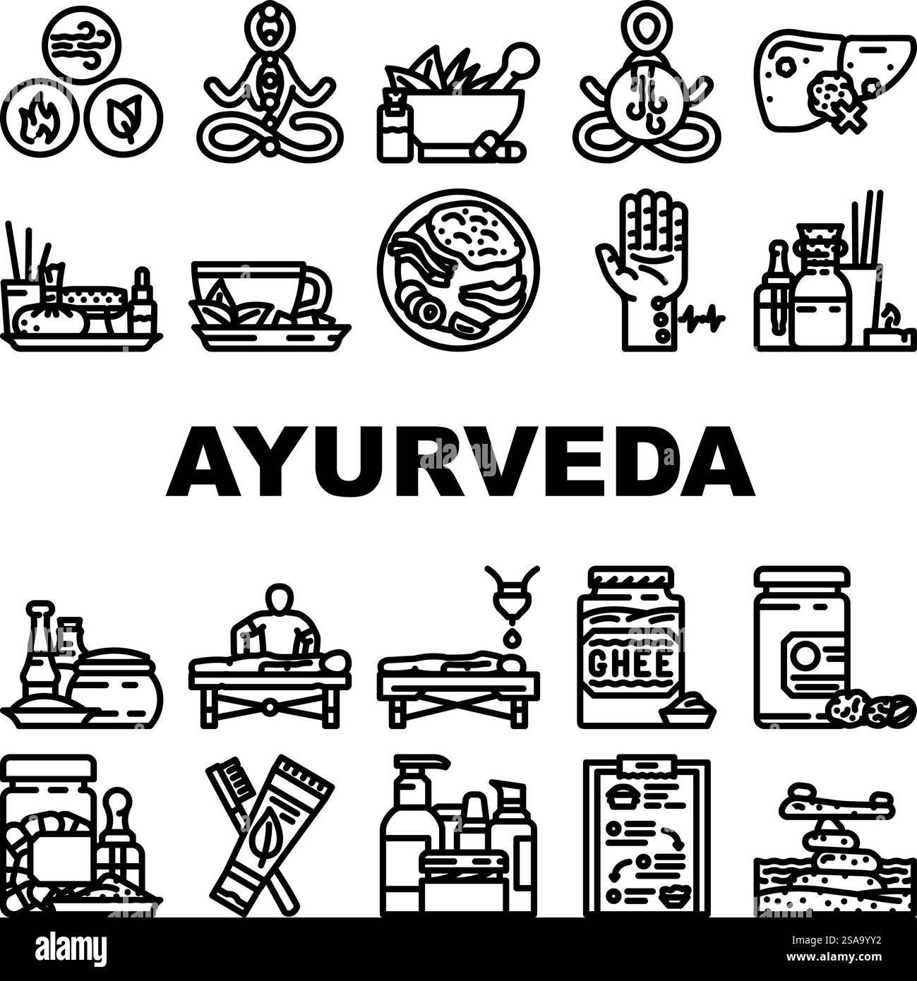 ayurveda Wellness Balance Dosha Icons setzen Vektor. vata pitta, Kapha Prana, Chakra Meditation, Yoga Kräuter, Entgiftung, ganzheitliche ayurveda Wellness Balance Dosha schwarze Kontur Illustrationen. ayurveda Wellness Balance Dosha Icons setzen Vektor Stock Vektor