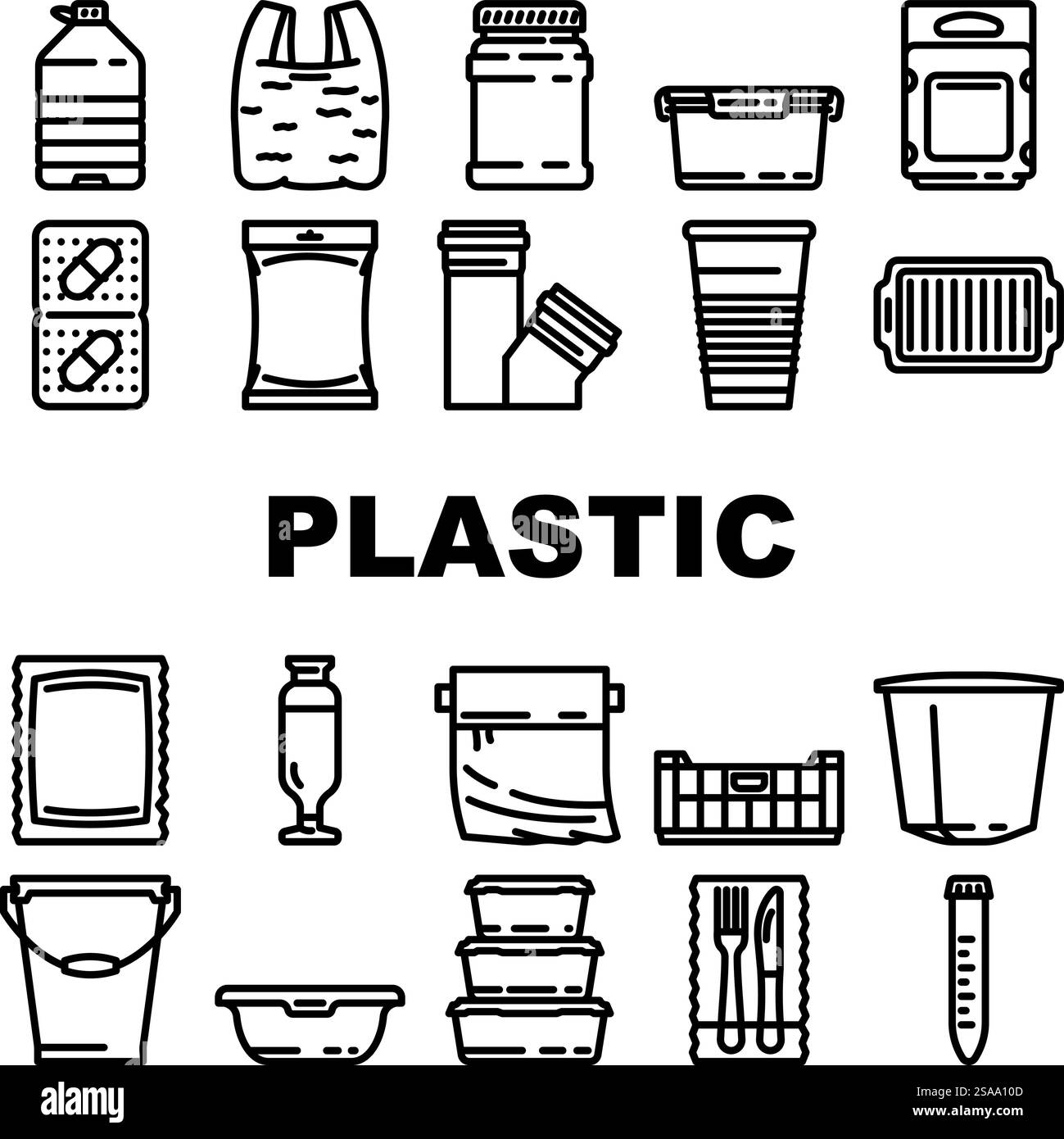 Nachhaltigkeitssymbole für Kunststoffverpackungen setzen Vektor. Recycling biologisch abbaubare Verschmutzung Abfälle Umwelt Mikroplastik, Ozean umweltfreundlich Kunststoffverpackungen Nachhaltigkeit schwarze Konturabbildungen. Nachhaltigkeitssymbole für Kunststoffverpackungen setzen Vektor Stock Vektor