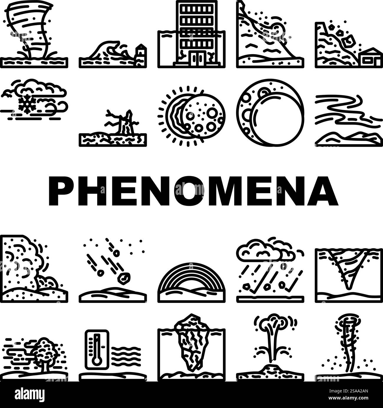 Natürliche Phänomene Sonnenfinsternis Tsunami-Symbole setzen Vektor. aurora-Hurrikan, Tornado-Erdbeben, Vulkanblitz, Regenbogenblizzard, Wirbelsturm Naturphänomene Eklipse Tsunami schwarze Konturabbildungen. Natürliche Phänomene Sonnenfinsternis Tsunami-Symbole setzen Vektor Stock Vektor
