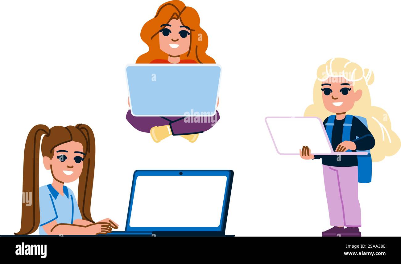 Kreativität Kind Mädchen Laptop Vektor. Technologie Hausaufgaben, Lernen Schreiben Schreiben Kreativität Kind Mädchen Laptop Charakter. Leute flache Zeichentrickgrafik Illustration. Kreativität Kind Mädchen Laptop Vektor Stock Vektor