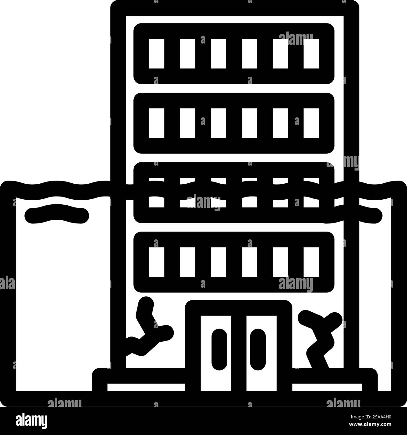Überflutung natürliche Phänomene Linie Symbol Vektor. Flutsphänomene Zeichen. Schwarze Abbildung des isolierten Kontursymbols. Überschwemmung natürliche Phänomene Linie Symbol Vektor Illustration Stock Vektor