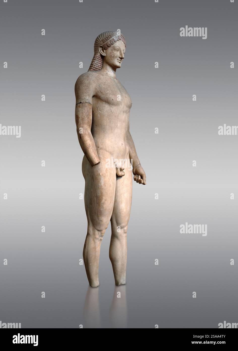 Parischem Marmor Antike Griechische archaische Statue einer kouros, in Merenda, Attika, ca. 540-530 v. Chr., Athen Nationalen Archäologischen Museum gefunden. Kat.-Nr.4890 Stockfoto