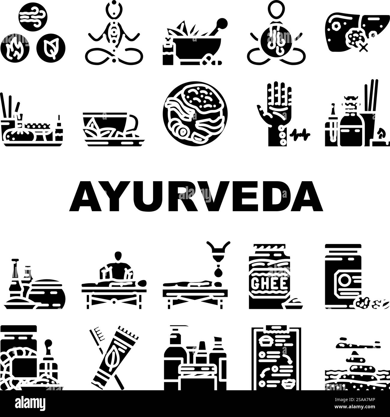 ayurveda Wellness Balance Dosha Icons setzen Vektor. vata pitta, Kapha Prana, Chakra Meditation, Yoga Kräuter, Entgiftung, ganzheitliche ayurveda Wellness Balance Dosha Glyph Piktogramme Illustrationen. ayurveda Wellness Balance Dosha Icons setzen Vektor Stock Vektor