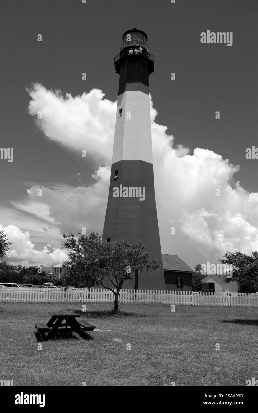 Der markante Tybee Island Lighthouse mit schwarz-weiß gestreiften Streifen ist einer der ältesten im Süden und steht hoch an der Küste Georgiens. Stockfoto