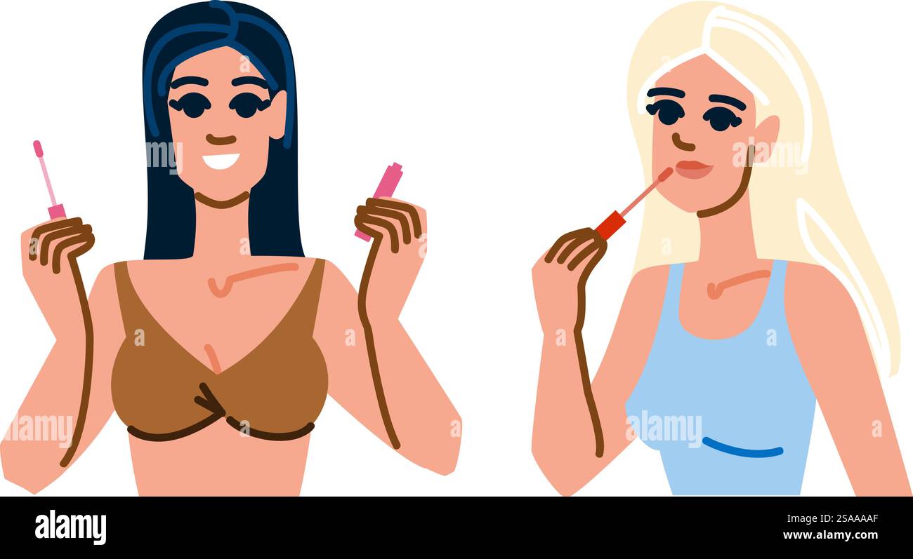 Transparenter Lippenglanzvektor. Feuchtigkeitsspendender veganer, grausamer, langanhaltender, transparenter Lip Gloss Charakter. Leute flache Zeichentrickgrafik Illustration. Transparenter Lippenglanzvektor Stock Vektor