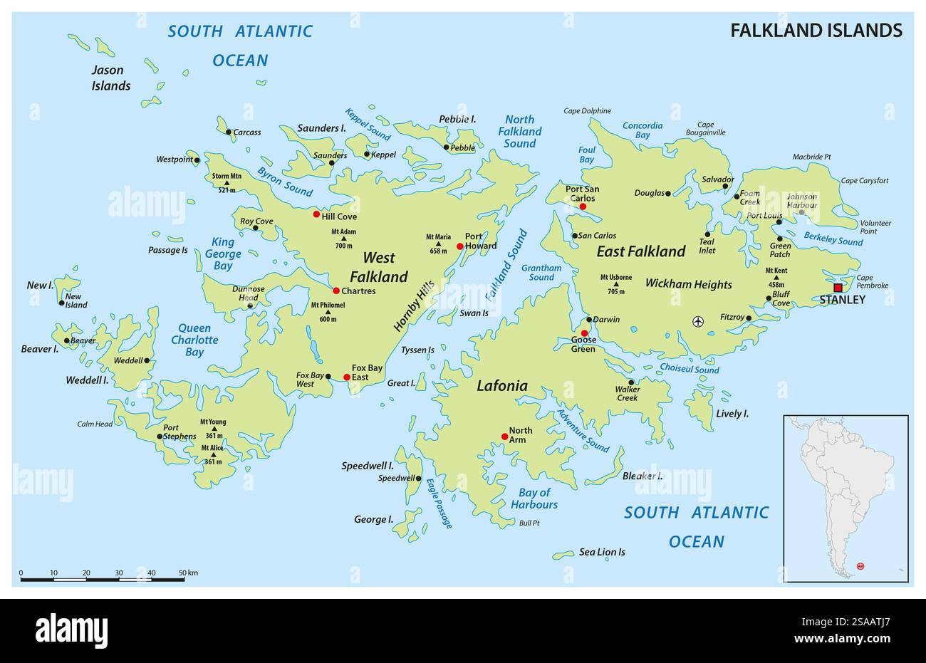 Falklandinseln, auch Malvinas, politische Vektorkarte Stockfoto