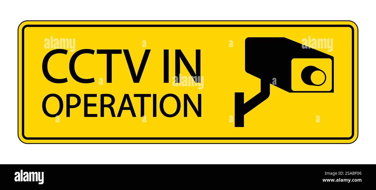 Ein hellgelbes Warnschild mit einem CCTV-Kamerasymbol mit dem Text CCTV IN BETRIEB', um eine aktive Überwachung zu Sicherheitszwecken anzuzeigen." Stock Vektor