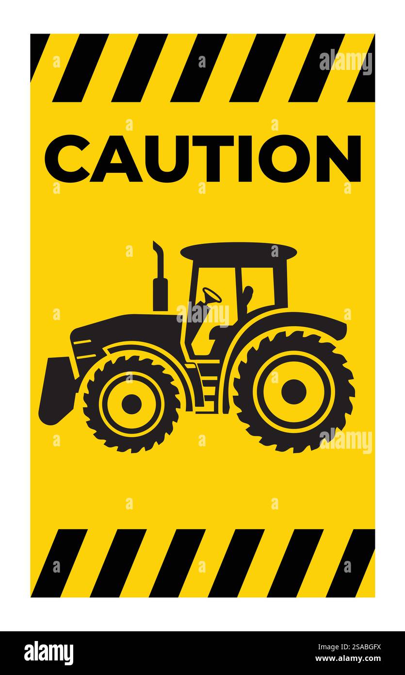 Ein leuchtendes Warnschild mit einer schwarzen Traktorabbildung auf gelbem Hintergrund. Ideal zur Förderung von Sicherheit und Bewusstsein in landwirtschaftlichen Umgebungen. Stock Vektor