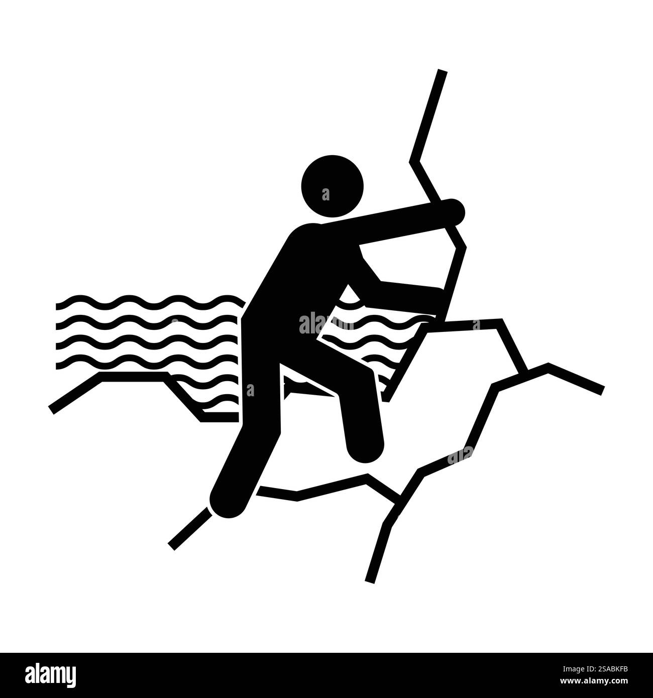 Eine minimalistische Silhouette eines Kletterers, der durch ein zerrissenes Gelände in der Nähe des Wassers navigiert und Abenteuer, Herausforderungen und Aktivitäten im Freien repräsentiert. Stock Vektor