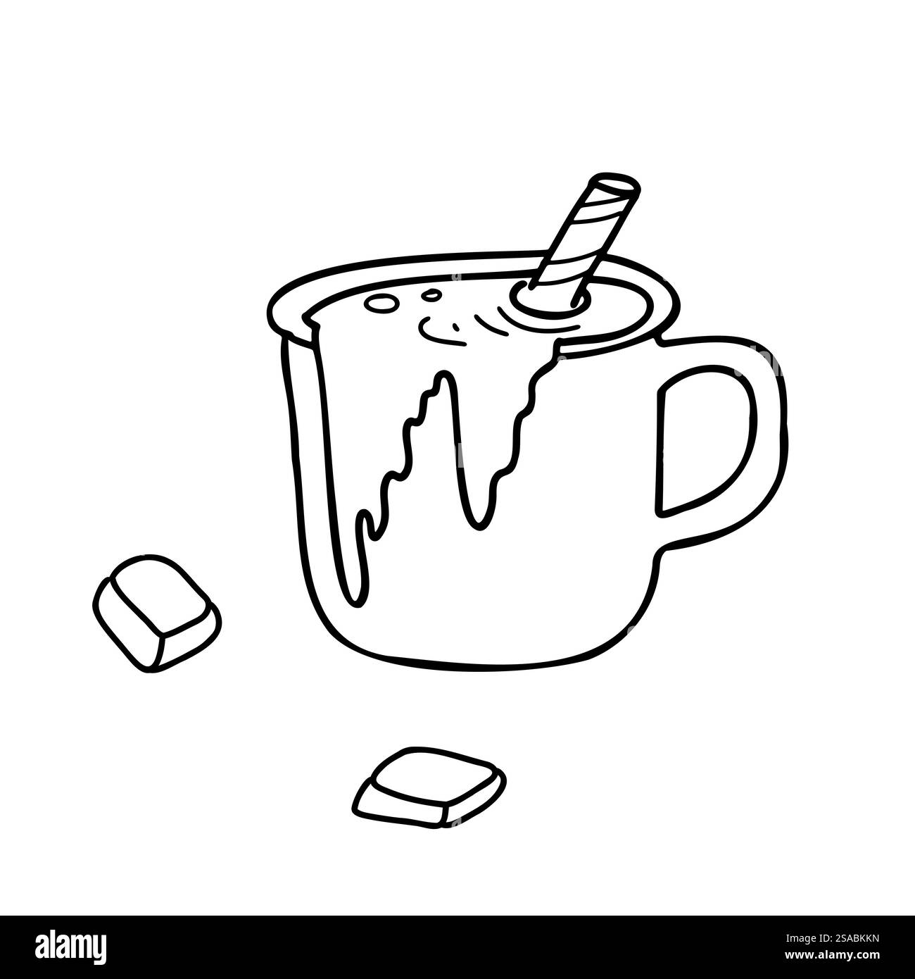 Tasse heiße Schokolade mit Keks und Schokoladentafeln isoliert auf weißem Hintergrund. Vektor Hand gezeichnete Illustration eines Bechers mit süßem Getränk in Doodle Stock Vektor