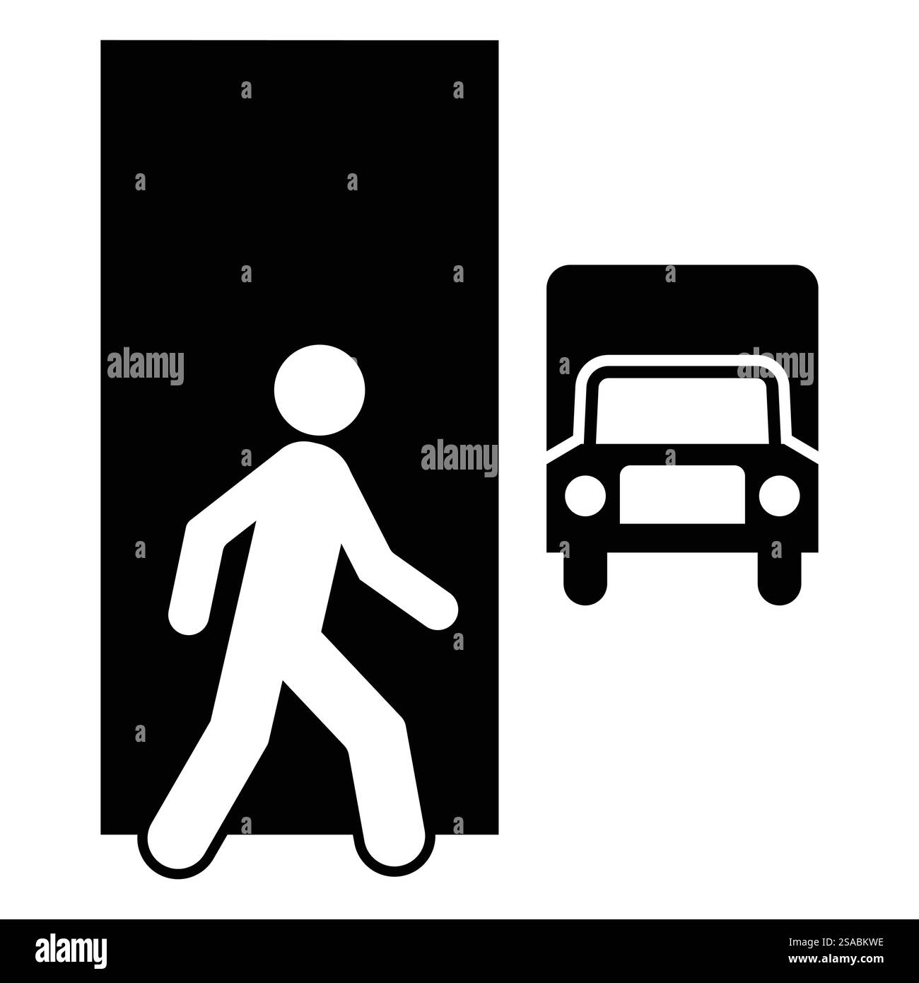 Einfache Abbildung eines Fußgängers, der sich in der Nähe eines Fahrzeugs und einer Tür befindet. Repräsentiert urbane Bewegungs-, Sicherheits- und Verkehrsthemen in einem minimalistischen Stil. Stock Vektor