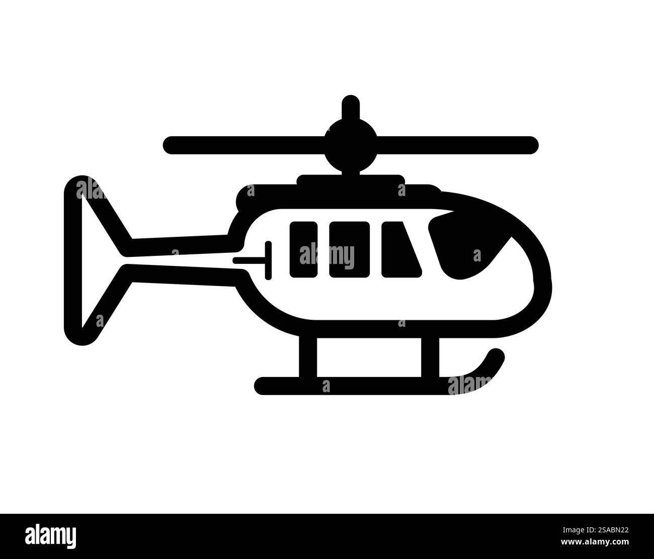 Dieses schlichte schwarze Hubschraubersymbol repräsentiert die Luftfahrt und den Transport. Ideal für Projekte im Zusammenhang mit Flug, Reise oder Rettungsdiensten, verfügt es über ein klares Design. Stock Vektor
