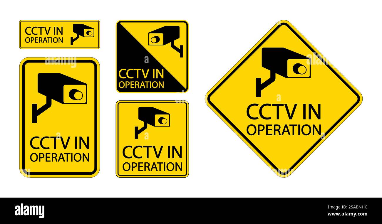 Sammlung von CCTV-Überwachungsschildern auf gelbem Hintergrund mit Kameras und Warnmeldungen, ideal zur Verbesserung des Sicherheitsbewusstseins und der Sicherheit. Stock Vektor