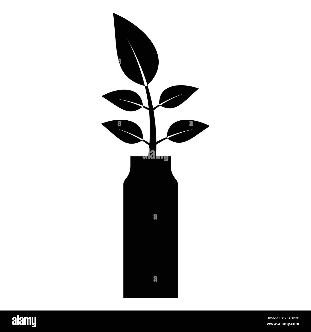 Eine minimalistische Silhouette einer Pflanze in einer Flasche, perfekt für umweltbewusste Designs oder naturinspirierte Projekte. Ideal zur Förderung von Wachstum und natürlicher Schönheit. Stock Vektor