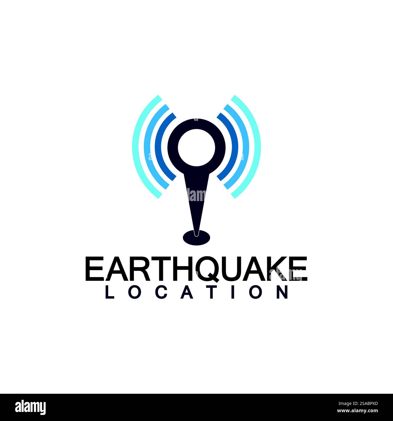 Logo-Design für Erdbebenstandorte isoliert auf weißem Hintergrund. Kartennadel und Erdbeben-Symbol Stock Vektor