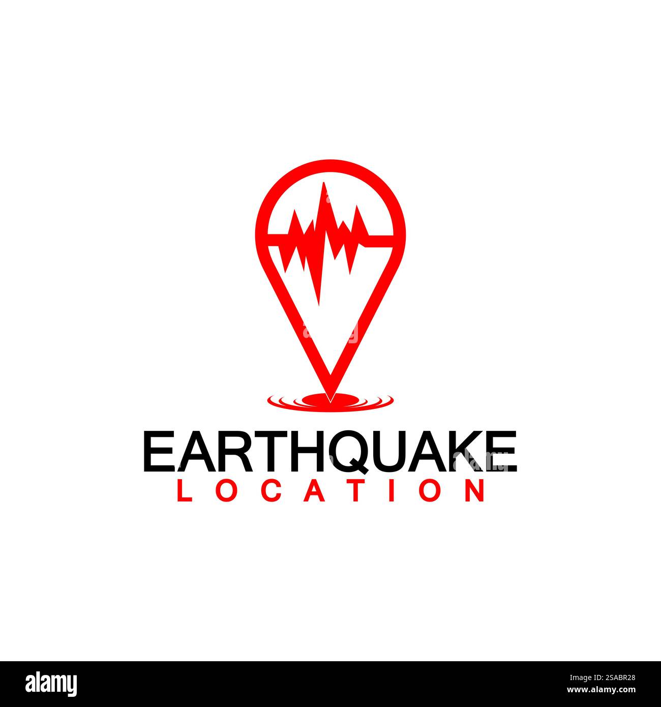 Logo-Design für Erdbebenstandorte isoliert auf weißem Hintergrund. Kartennadel und Erdbeben-Symbol Stock Vektor
